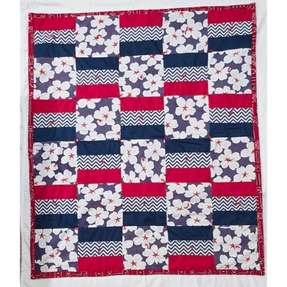 Custom Handmade Red White Blue Floral Patchwork Lap Quilt
